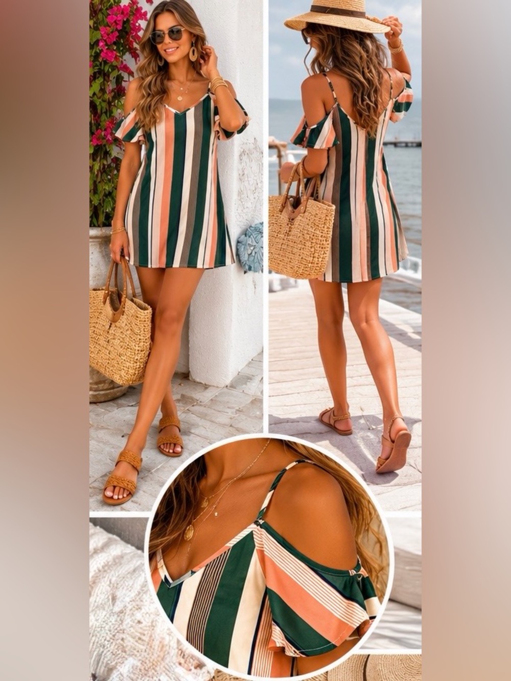 Women’s Striped Cold Shoulder Mini Dress Coastal Resort Beach Cover Up Tunic, M
